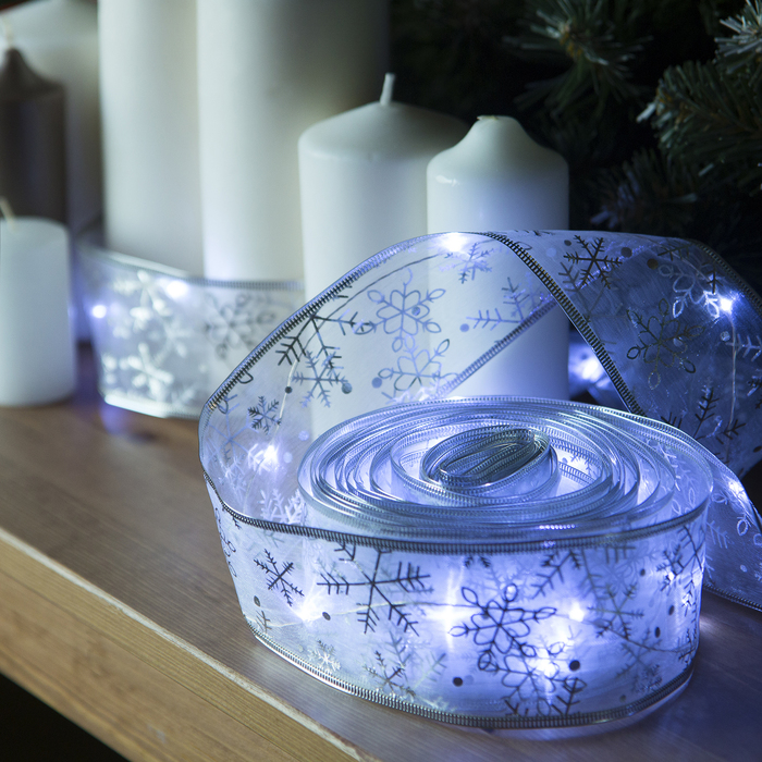 НИТЬ Лента "Снежинки серебристые" 10 м, ширина 6 см, LED(роса)-100-USB, фиксинг, БЕЛЫЙ