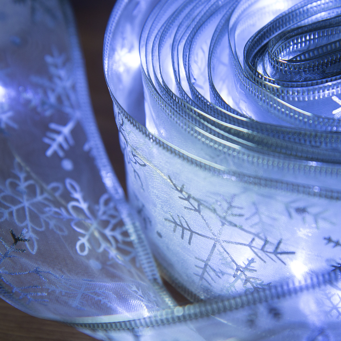 НИТЬ Лента "Снежинки серебристые" 10 м, ширина 6 см, LED(роса)-100-USB, фиксинг, БЕЛЫЙ