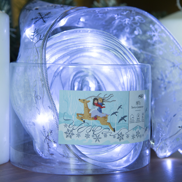 НИТЬ Лента "Снежинки серебристые" 10 м, ширина 6 см, LED(роса)-100-USB, фиксинг, БЕЛЫЙ