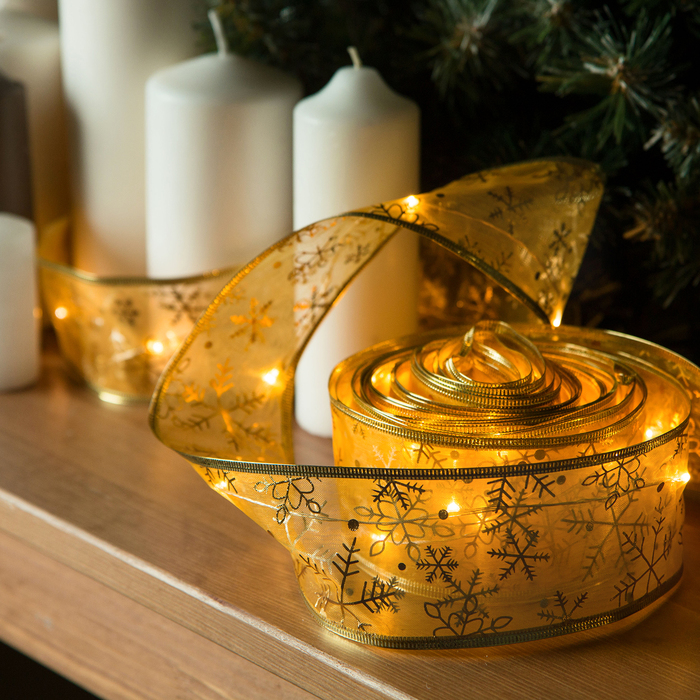 НИТЬ Лента "Снежинки золотистые" 10 м, ширина 6 см, LED(роса)-100-USB, фиксинг, ЖЕЛТЫЙ