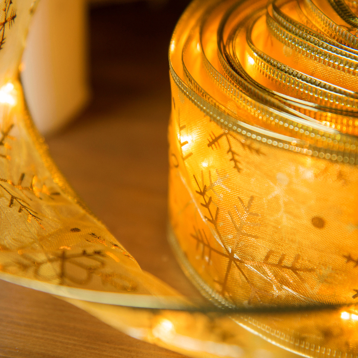 НИТЬ Лента "Снежинки золотистые" 10 м, ширина 6 см, LED(роса)-100-USB, фиксинг, ЖЕЛТЫЙ