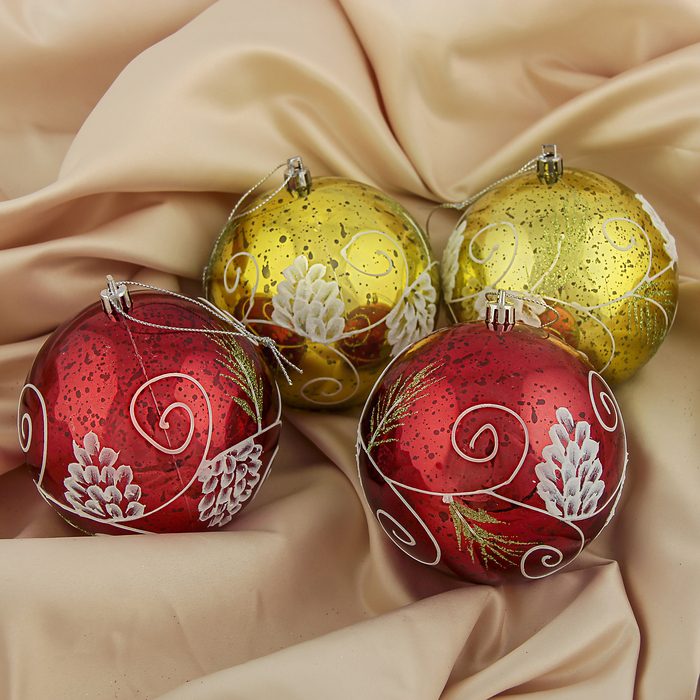Набор шаров пластик d-10 см 4 шт "Еловая веточка" микс