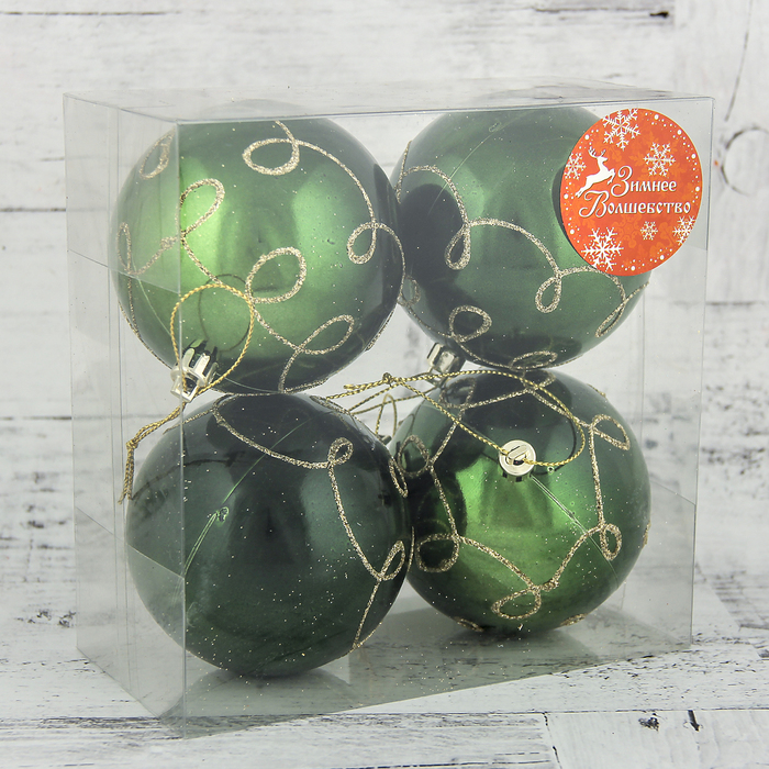 Набор шаров пластик d-8 см 4 шт "Изумрудный" узор