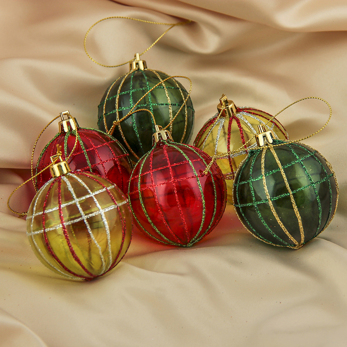 Набор шаров пластик d-6 см 6 шт "Прозрачная сеточка" микс