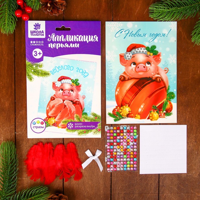 Аппликация перьями и стразами "Свинка и шар" + бантик