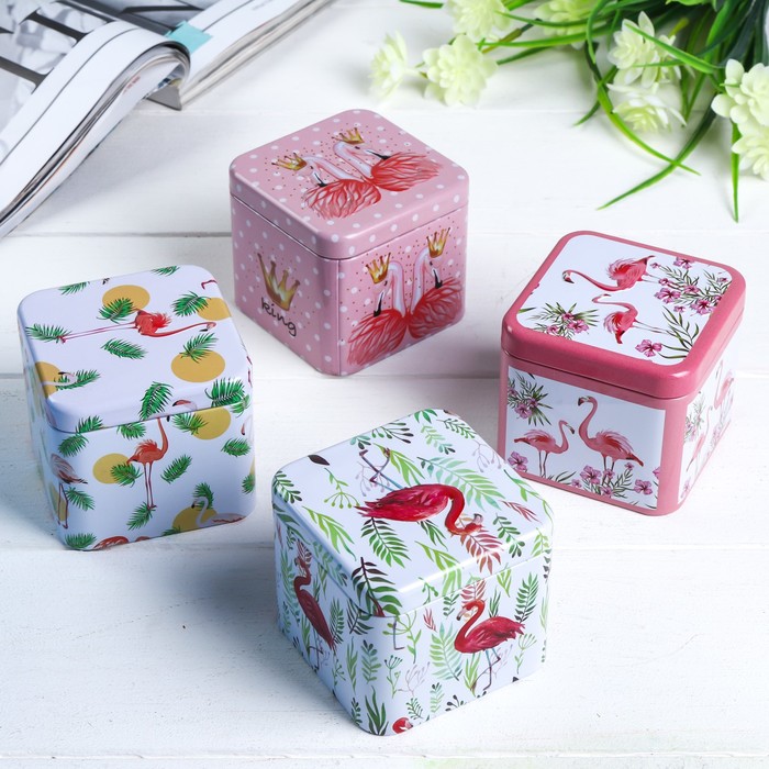Шкатулка металл "Фламинго с цветами" 6,5х7,5х7,5 см
