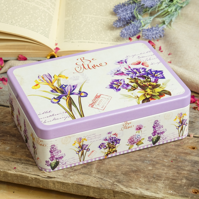 Шкатулка металл с делениями "Букет ирисов" 6,5х20,8х15,3 см