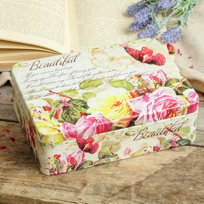 Шкатулка металл с делениями "Бабочка в цветах" 6,5х20,8х15,3 см