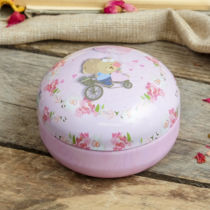 Шкатулка металл круглая "Медвежата на велосипеде" 6х8,5х8,5 см