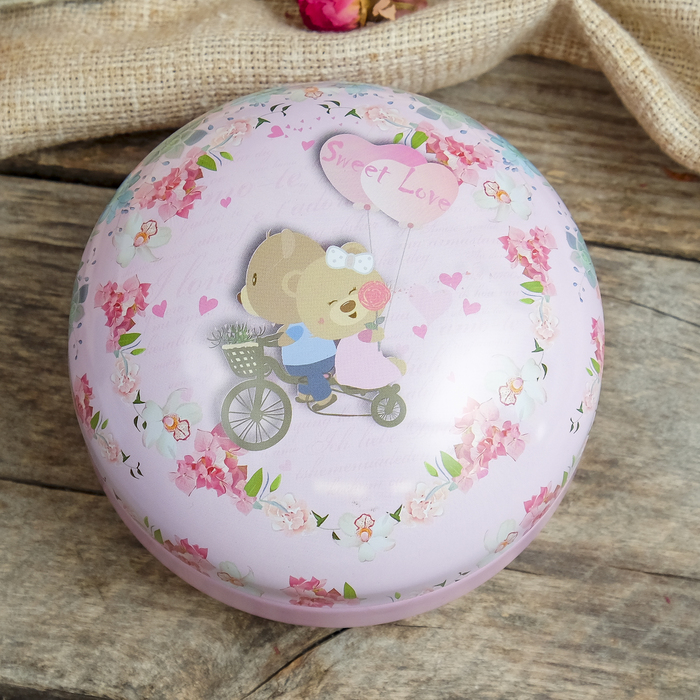 Шкатулка металл круглая "Медвежата на велосипеде" 6х8,5х8,5 см