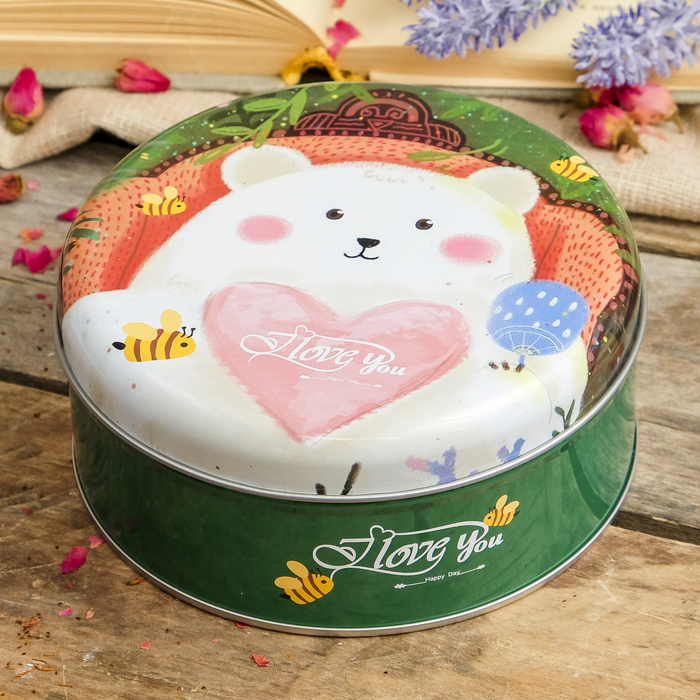 Шкатулка металл круглая "Мишка с сердечком" 6х14х14 см