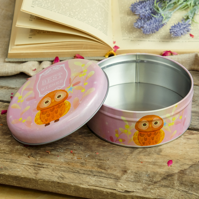 Шкатулка металл круглая "Совёнок" 6х14х14 см