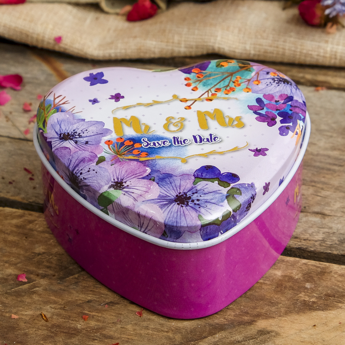 Шкатулка металл сердце "Фиолетовые цветы на свадьбу" 4х9х9,5 см