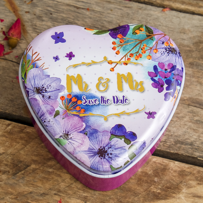 Шкатулка металл сердце "Фиолетовые цветы на свадьбу" 4х9х9,5 см
