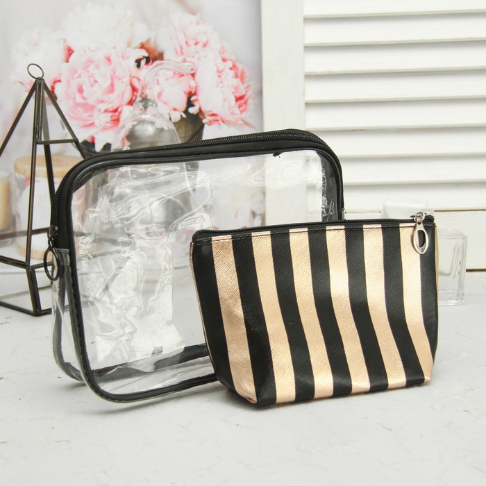 Набор косметичек 2 в 1, отдел на молнии, цвет чёрный/шампань