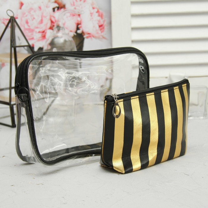 Набор косметичек 2 в 1, отдел на молнии, цвет чёрный/золотой