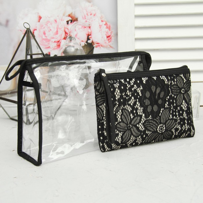 Набор косметичек 2 в 1 «Кружева» , отдел на молнии, цвет чёрный