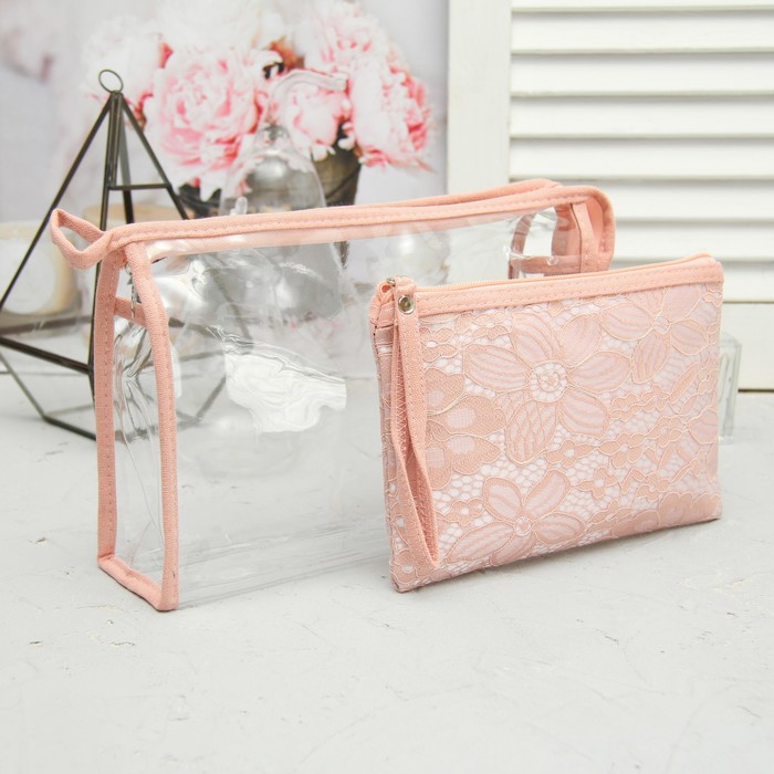Набор косметичек 2 в 1 «Кружева» , отдел на молнии, цвет розовый