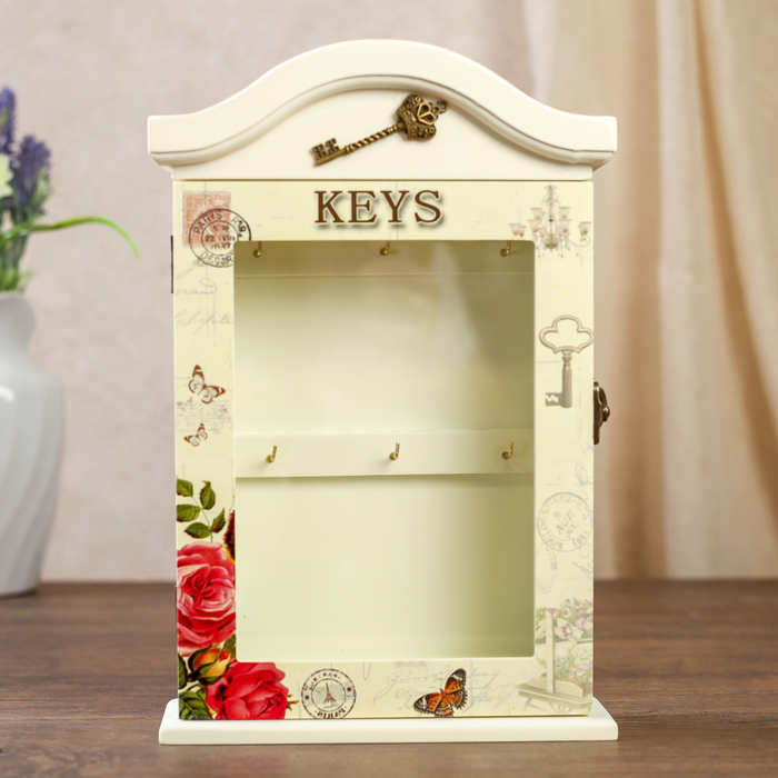 Ключница дерево 6 крючков "Ключики, цветы и бабочки" 30х18х5,5 см