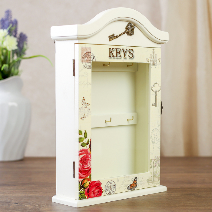 Ключница дерево 6 крючков "Ключики, цветы и бабочки" 30х18х5,5 см