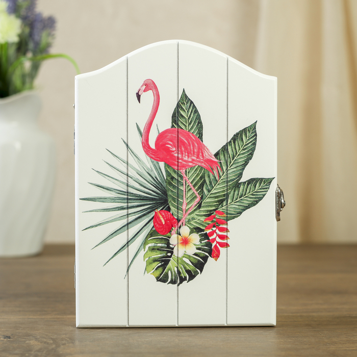 Ключница дерево 4 крючка "Розовый фламинго в экзотическом лесу" 22,5х15,5х5,5 см