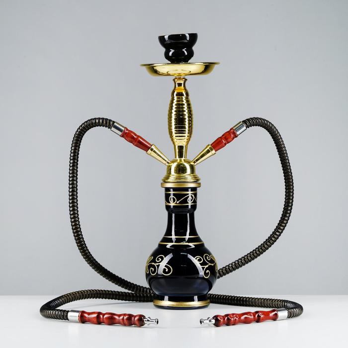 Кальян 42см 2тр колба ваза «Цветочек» чёрно-золотая, шахта ребристая