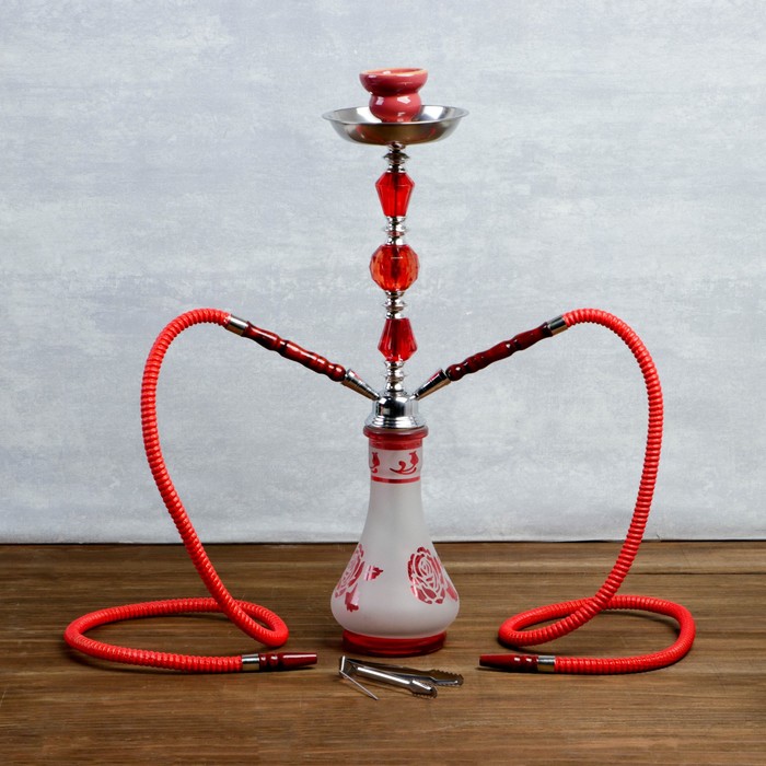 Кальян 50см 2тр колба ваза вытянутая «Роза» матовая красно-белая, 3кр красных