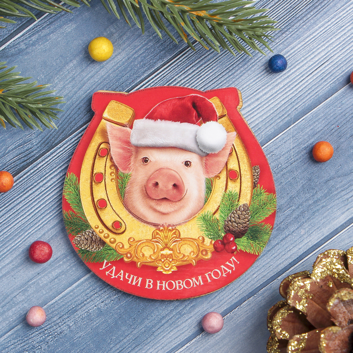 Магнит "Удачи в Новом году" из фанеры, с полиграфической наклейкой, 7х7 см