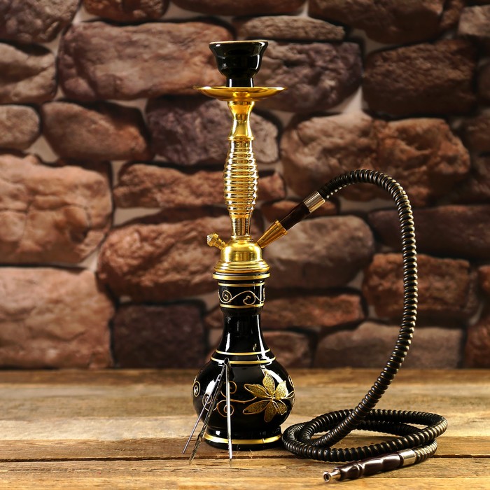 Кальян 42см 1тр колба ваза «Цветочек» чёрно-золотая, шахта ребристая