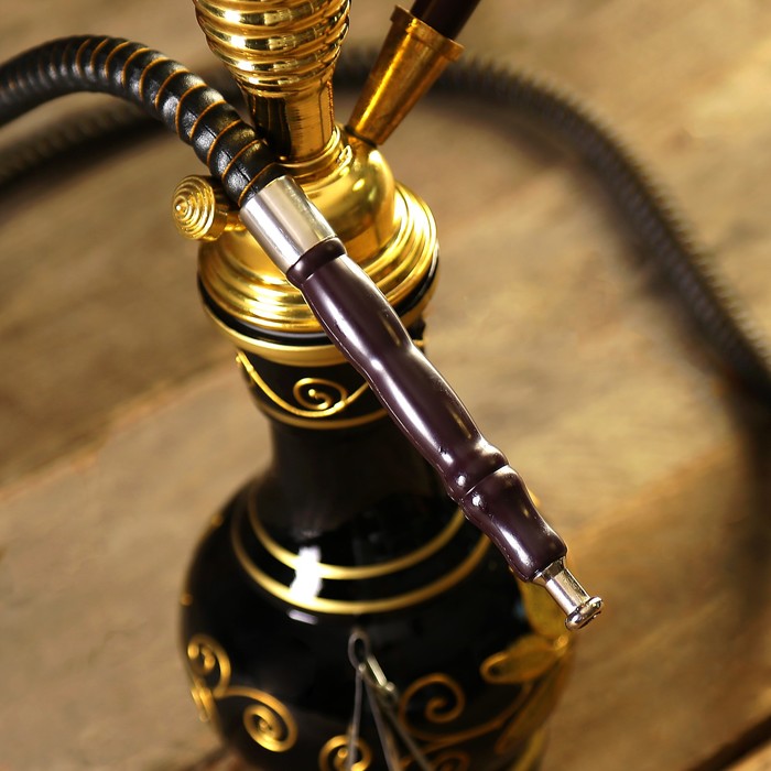 Кальян 42см 1тр колба ваза «Цветочек» чёрно-золотая, шахта ребристая