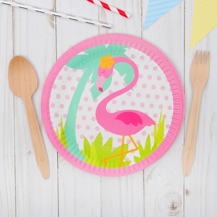 Тарелка бумажная "Фламинго под пальмой", (набор 6 шт)