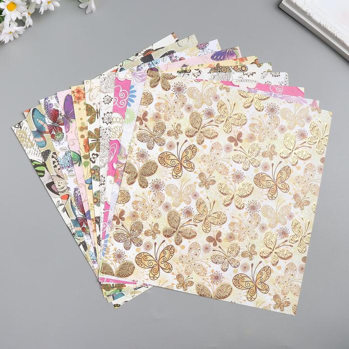 Бумага 1-сторонняя с золотым тиснением "Бабочки"набор 50 лист.,пл-сть 80 гр 24,5х23 см