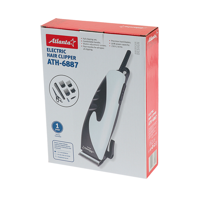 Машинка для стрижки Atlanta ATH-6887, 9 Вт, 4 насадки, бело-черная