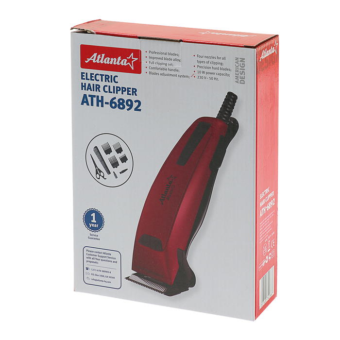 Машинка для стрижки Atlanta ATH-6892, 10 Вт, 4 насадки, красная