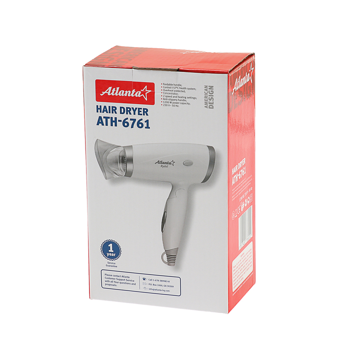 Фен Atlanta ATH-6761, 1100 Вт, 2 скорости, складная ручка, белый