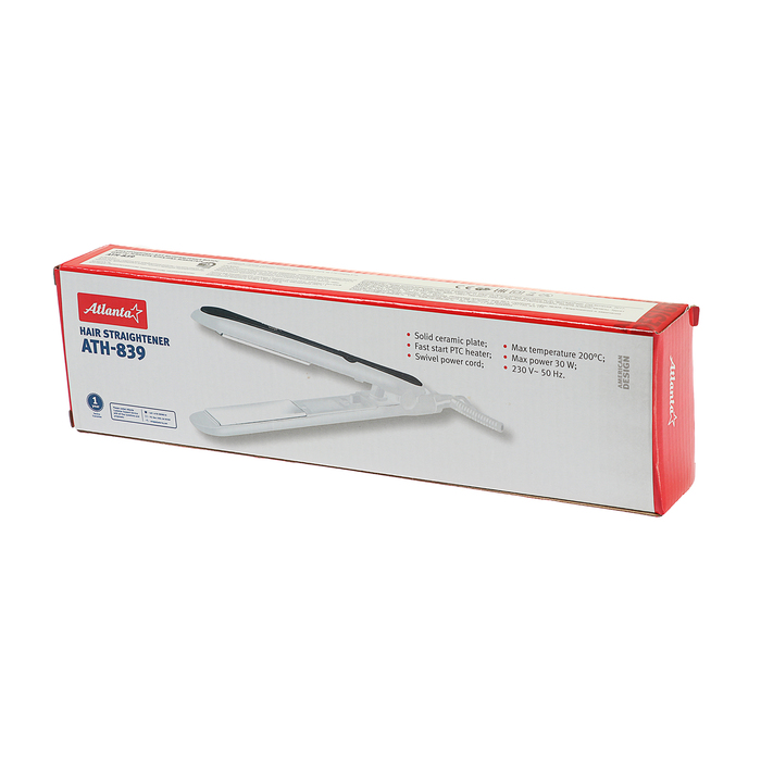 Плойка Atlanta ATH-839, 30 Вт, керамическое покрытие, бело/черная