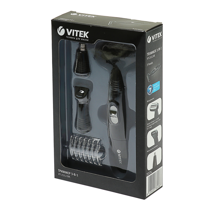 Триммер Vitek VT-2552 BK, регулировка длины, 3 насадки, от батарейки, черный