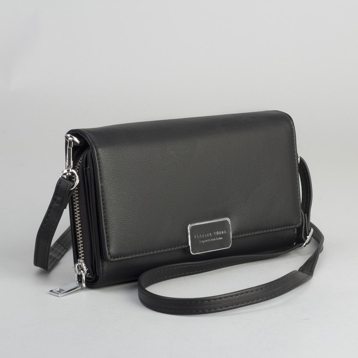 Клатч-кошелёк, 3 отдела, для карт, на клапане, длинный ремень, цвет чёрный