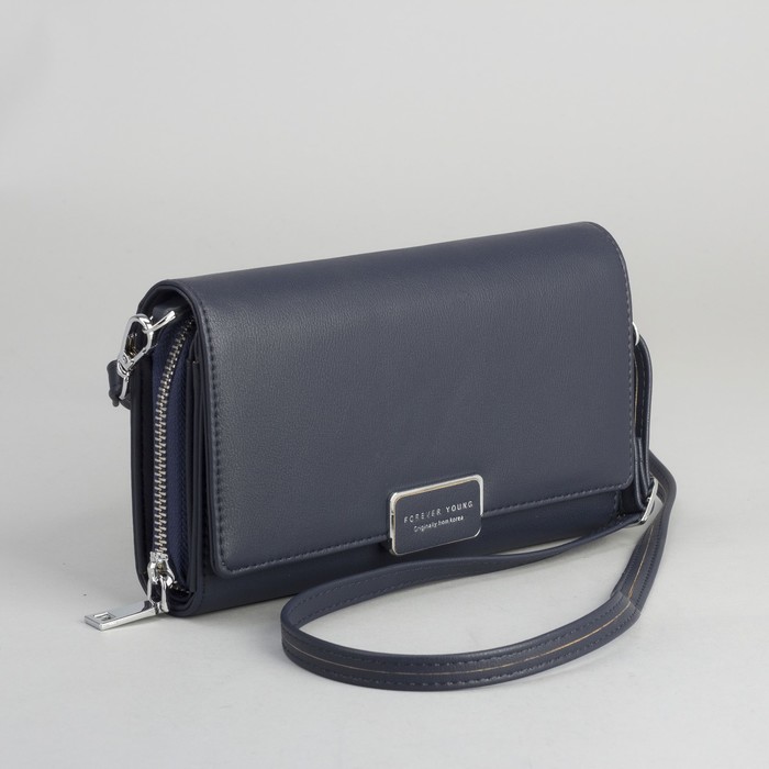 Клатч-кошелёк, 3 отдела, для карт, на клапане, длинный ремень, цвет синий