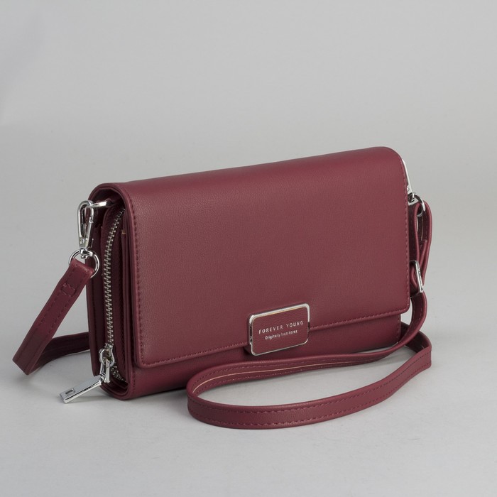 Клатч-кошелёк, 3 отдела, для карт, на клапане, длинный ремень, цвет бордовый