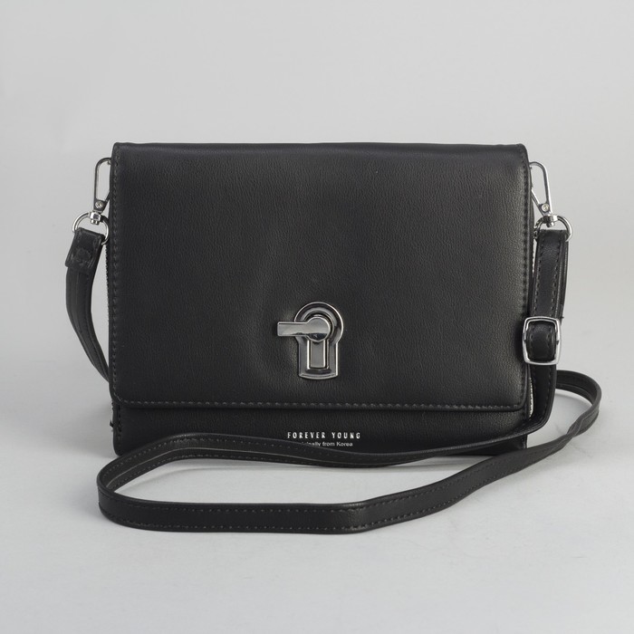 Клатч-кошелёк, 2 отдела, для карт, на молнии, длинный ремень, цвет чёрный