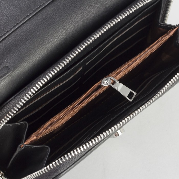 Клатч-кошелёк, 2 отдела, для карт, на молнии, длинный ремень, цвет чёрный