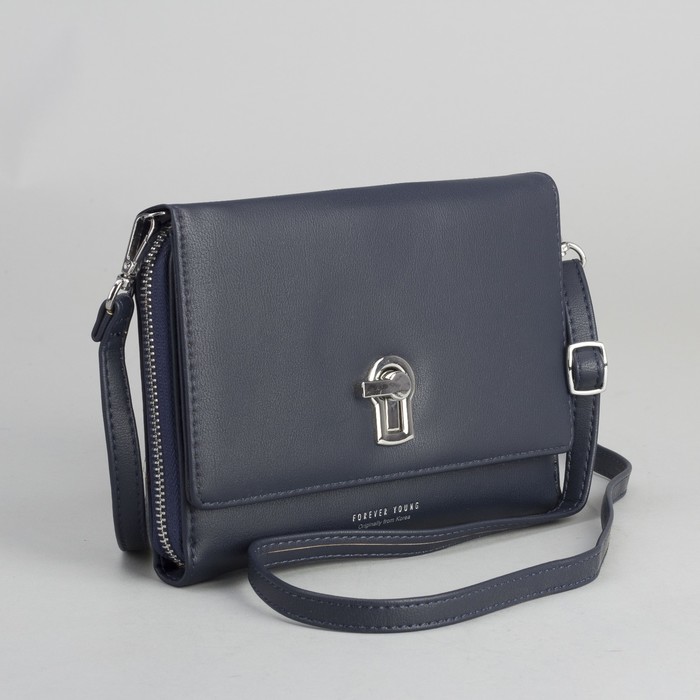 Клатч-кошелёк, 2 отдела, для карт, на молнии, длинный ремень, цвет синий