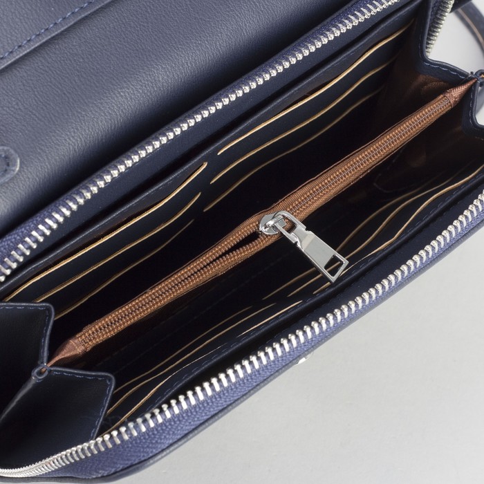 Клатч-кошелёк, 2 отдела, для карт, на молнии, длинный ремень, цвет синий