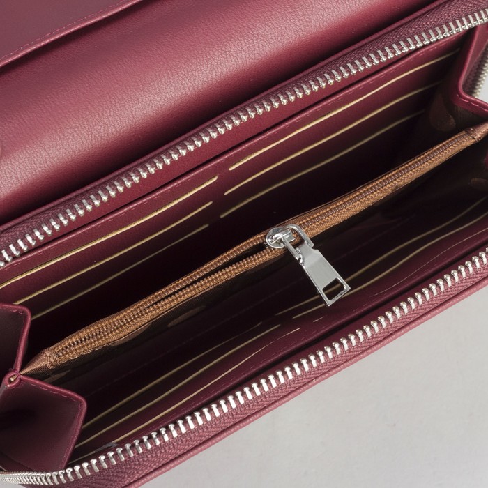 Клатч-кошелёк, 2 отдела, для карт, на молнии, длинный ремень, цвет бордовый