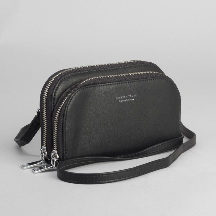 Клатч-кошелёк, 2 отдела, для карт, на молнии, длинный ремень, цвет чёрный