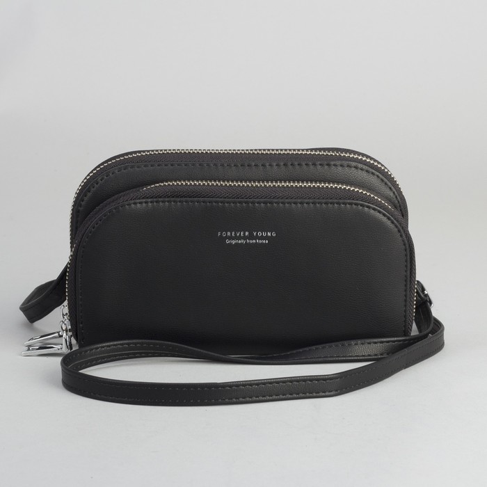 Клатч-кошелёк, 2 отдела, для карт, на молнии, длинный ремень, цвет чёрный