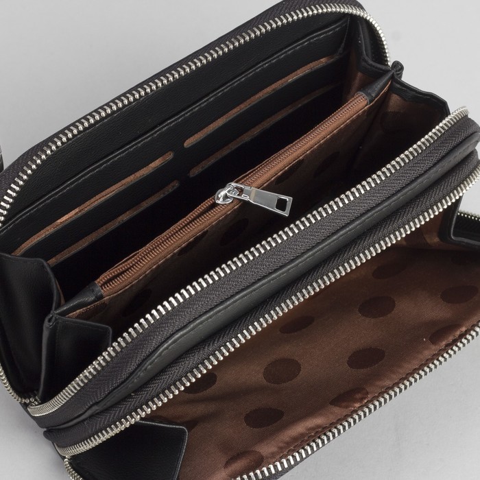 Клатч-кошелёк, 2 отдела, для карт, на молнии, длинный ремень, цвет чёрный