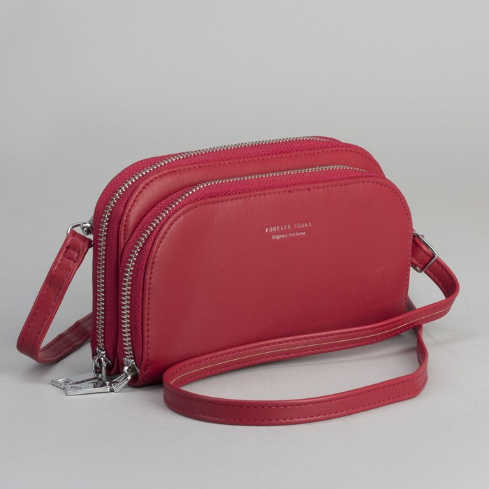 Клатч-кошелёк, 2 отдела, для карт, на молнии, длинный ремень, цвет красный