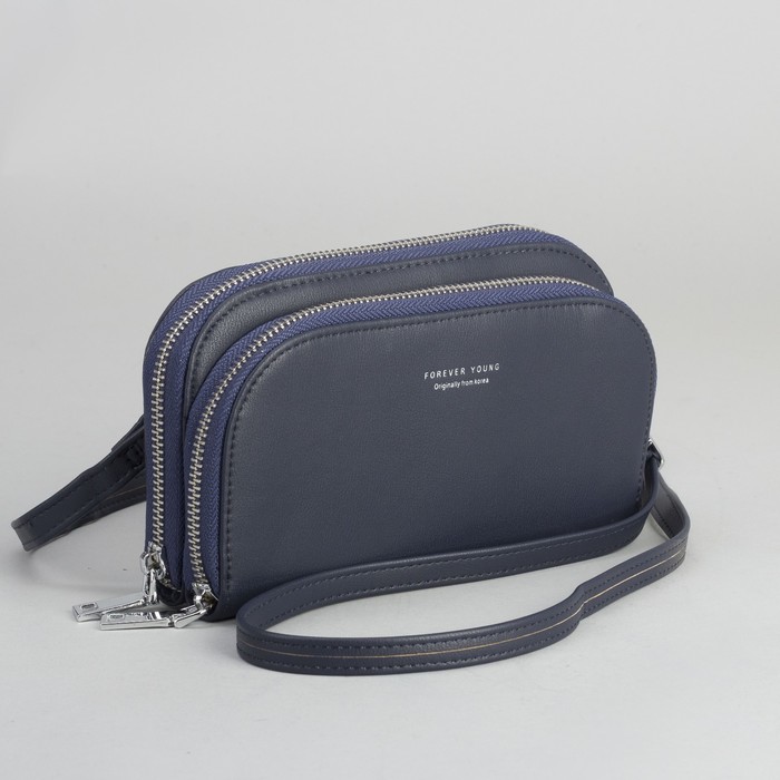 Клатч-кошелёк, 2 отдела, для карт, на молнии, длинный ремень, цвет синий